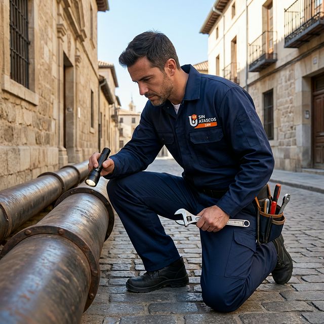 Fontaneros urgentes en Alcalá de Henares inspeccionando tubería