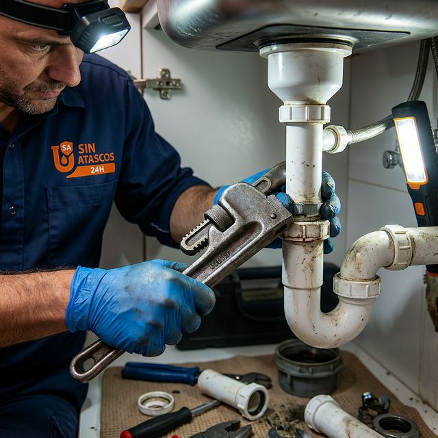 Fontanero reparando desagüe de fregadero de cocina
