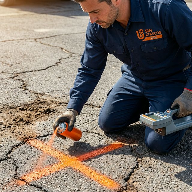 Técnico marcando la ubicación de una arqueta oculta