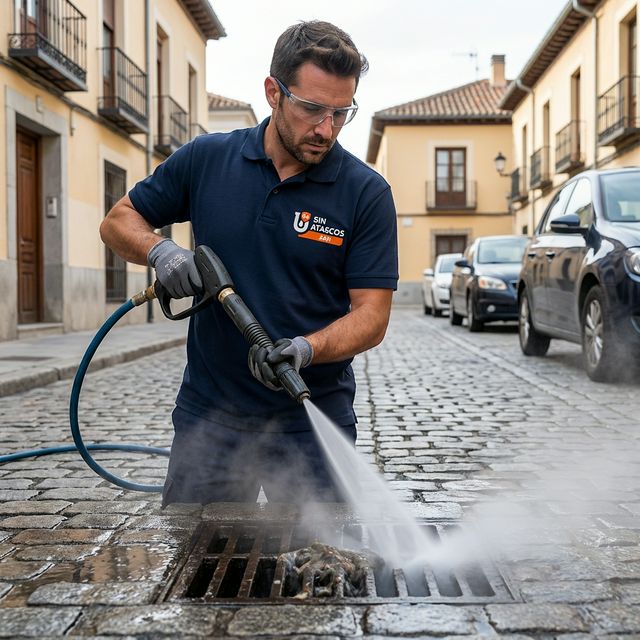 Técnico de Sin Atascos Majadahonda con equipo de agua a presión