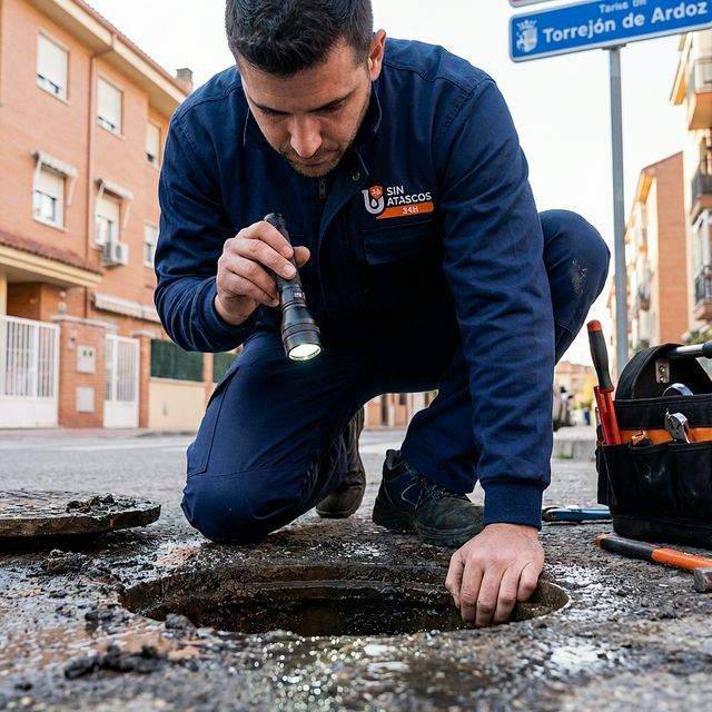 Técnico de desatascos en Torrejón de Ardoz con linterna