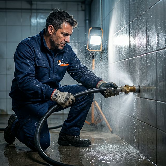 Técnico limpiando tubería con agua a alta presión